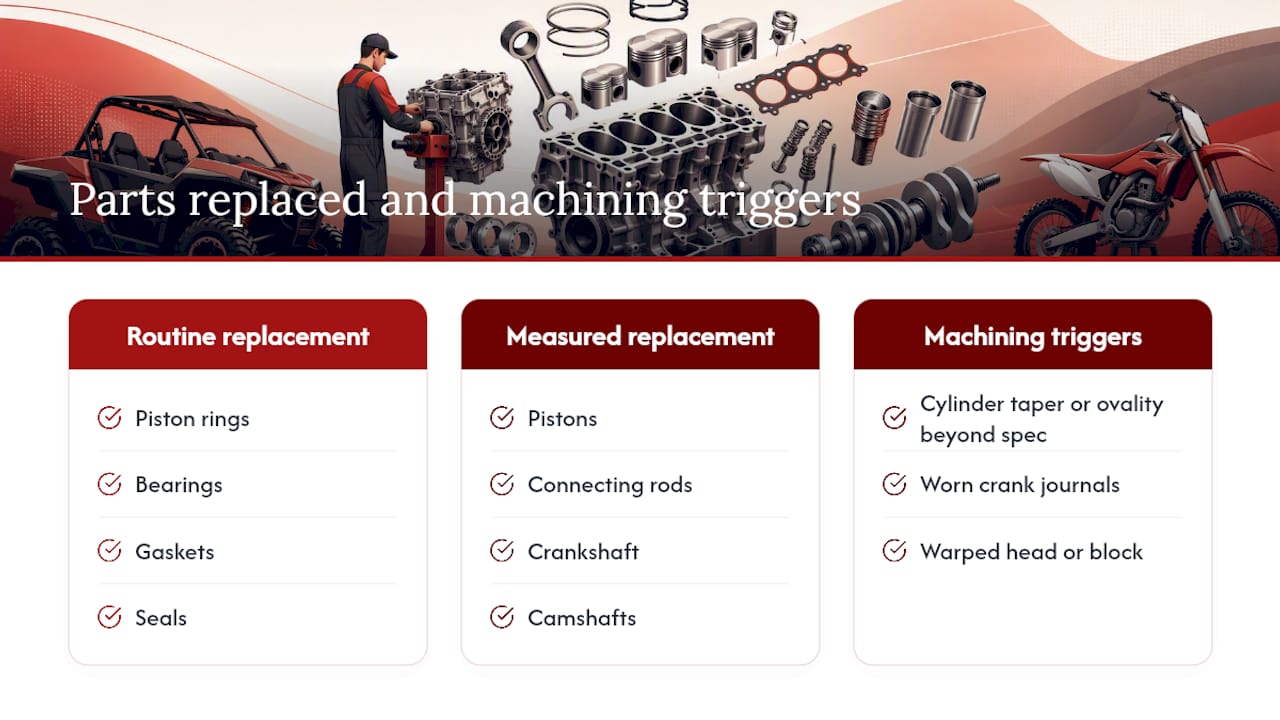 Diagram of engine parts replaced and machined