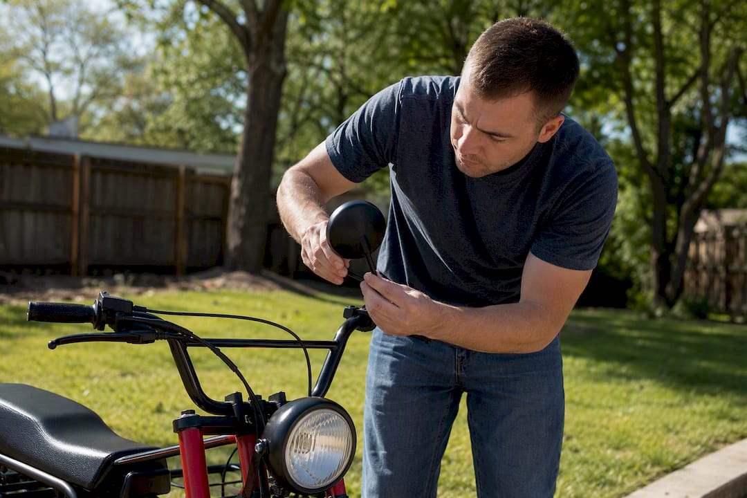 Adjusting mini bike mirror and inspecting lights