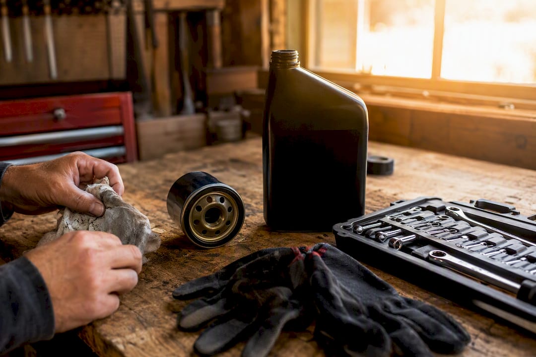 ATV maintenance tools and oil change supplies