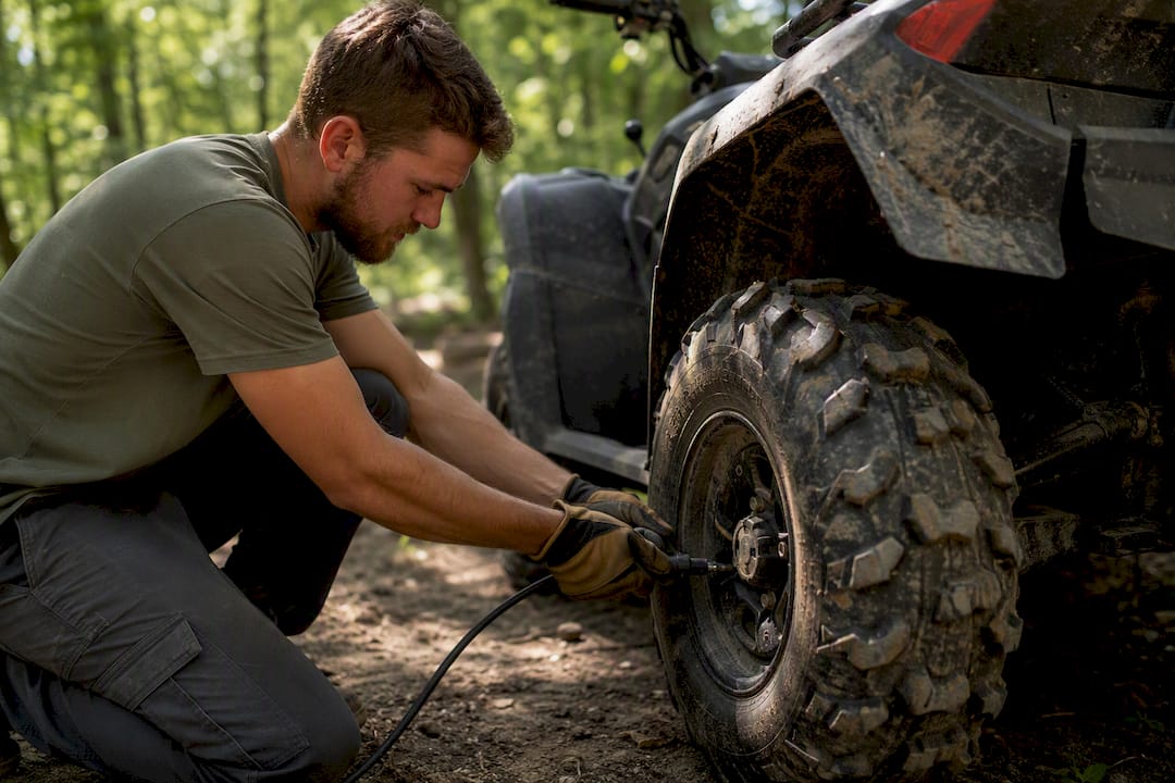 Hands inspecting ATV tire and controls