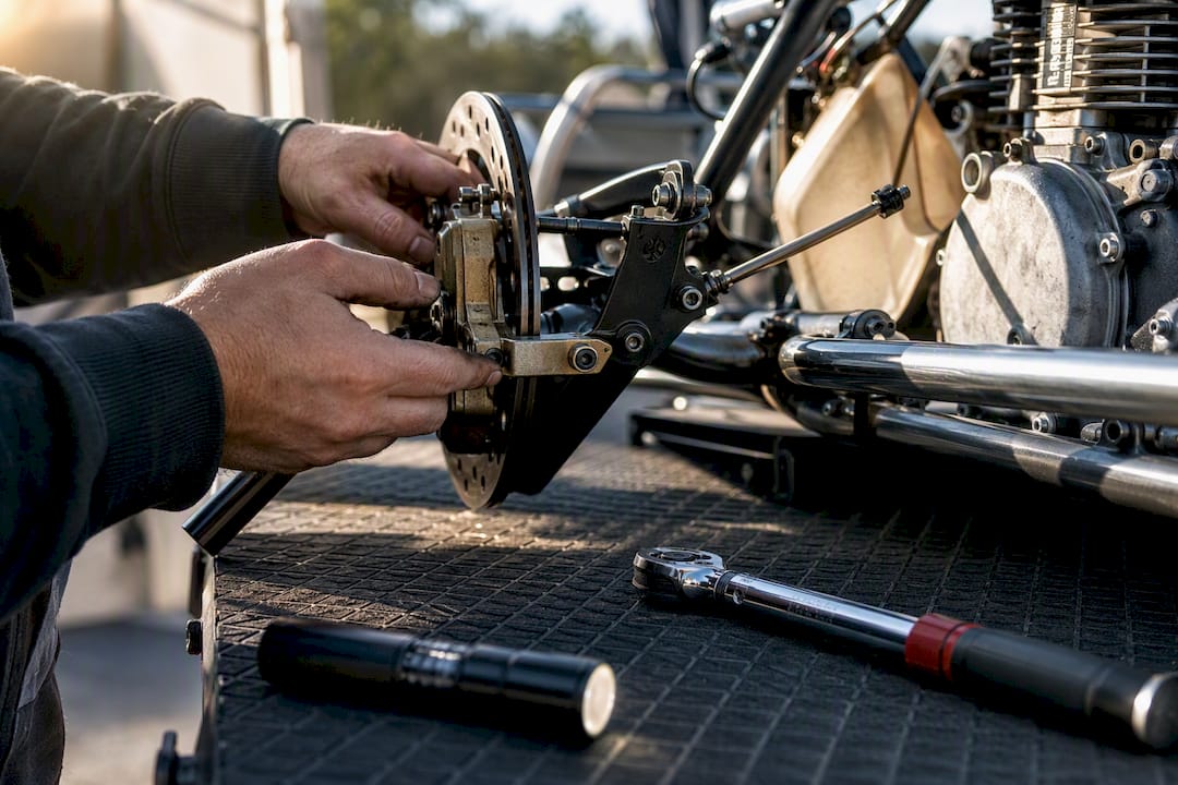 Hands inspecting used kart brake hardware