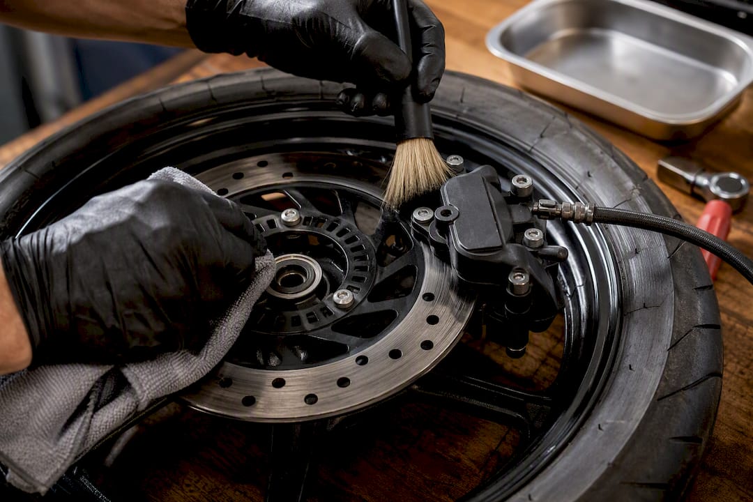 Technician cleaning a cropped brake rotor