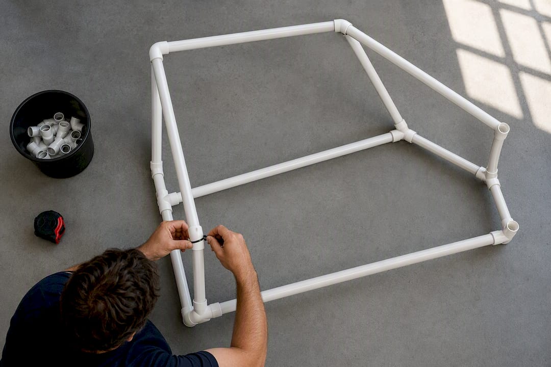 Hands assembling PVC roll cage mockup