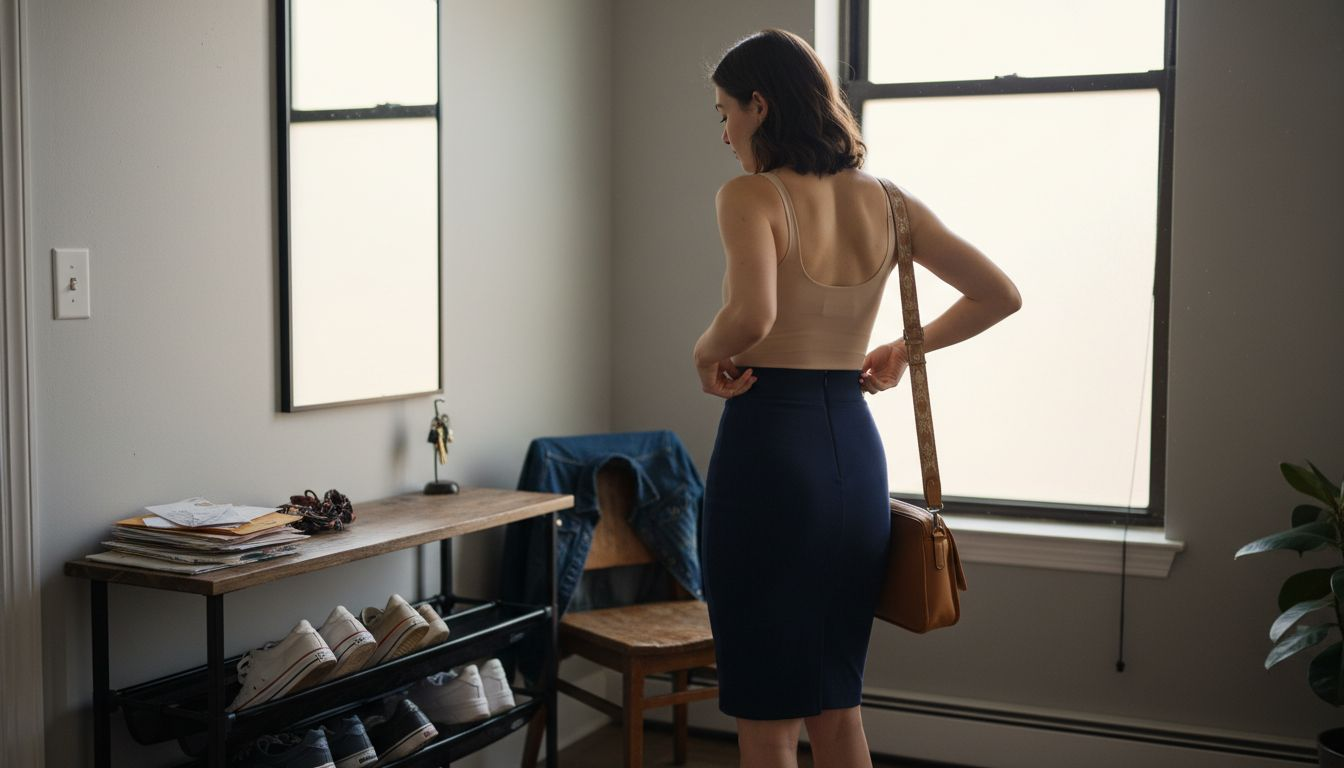 Woman wearing shapewear before leaving home