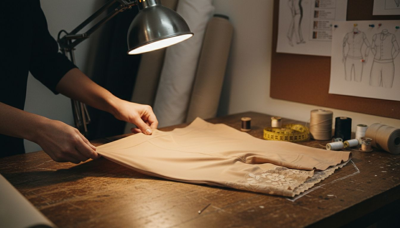 Hands arranging shapewear fabric in studio