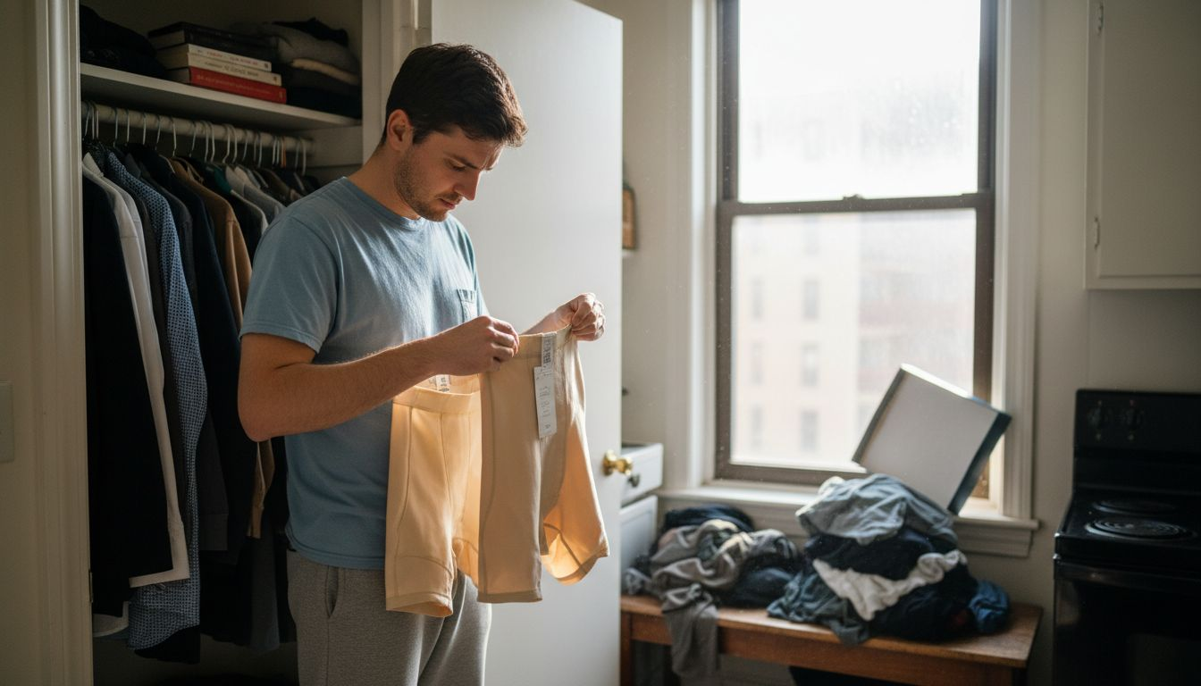 Man choosing shapewear in apartment closet