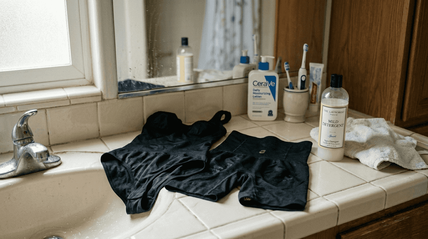 Shapewear and care products on bathroom counter