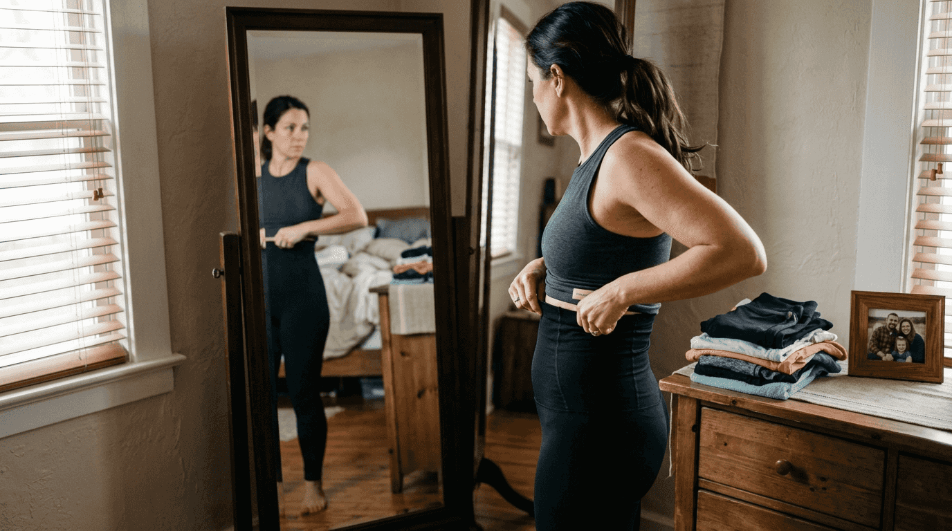 Person adjusting shapewear waistband in bedroom