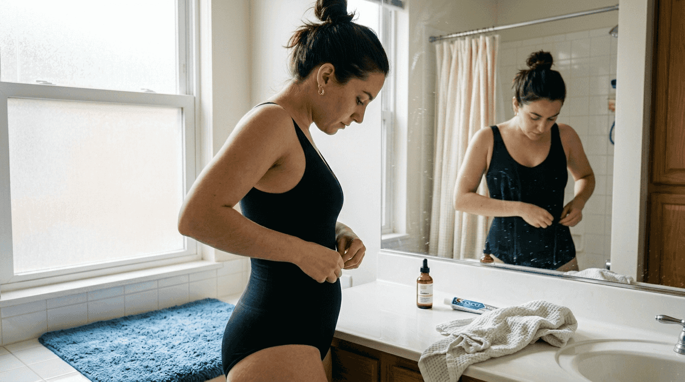 Woman adjusting seamless shapewear in bathroom