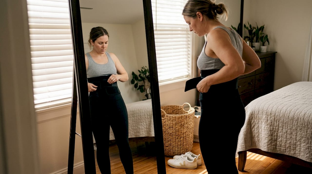 Woman putting on waist trainer by mirror