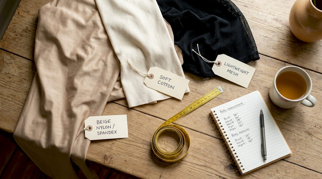 Shapewear fabric samples and measuring tape on table
