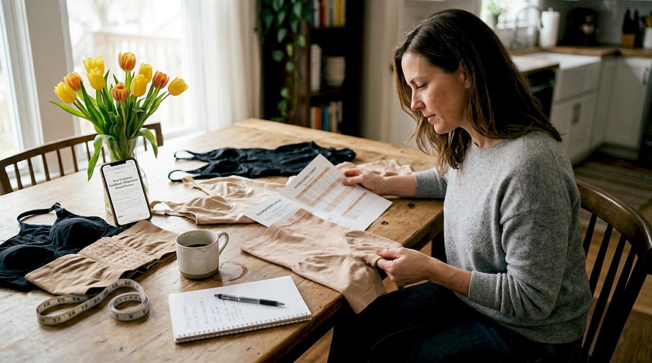 Woman consults sizing chart with shapewear