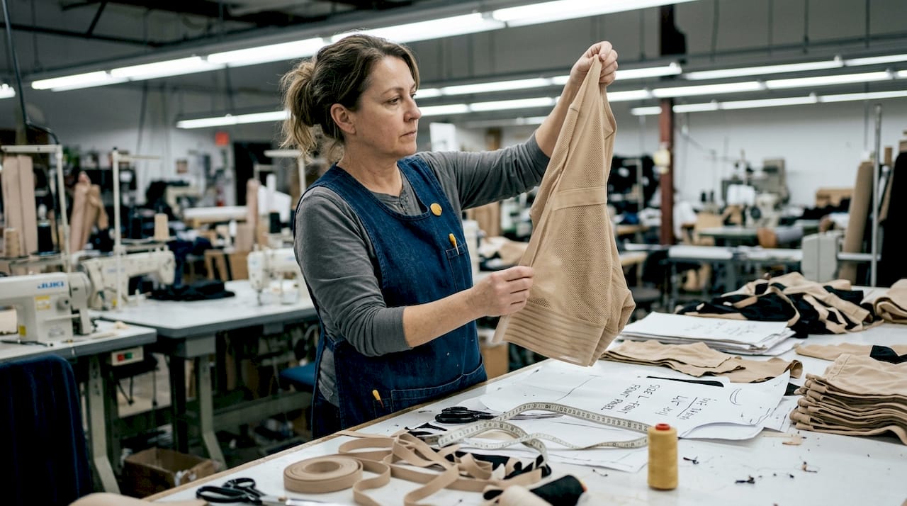 Technician inspecting shapewear fabrics on workbench
