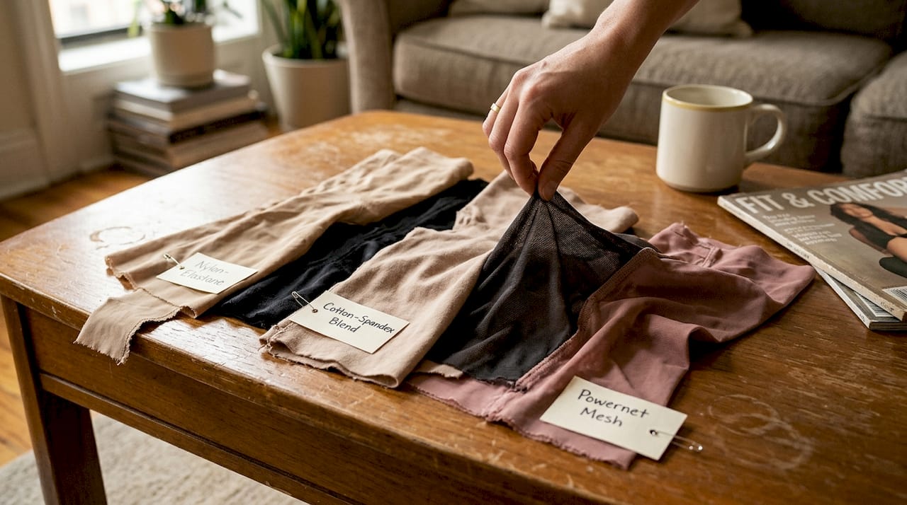 Close-up of hands and shapewear fabric swatches