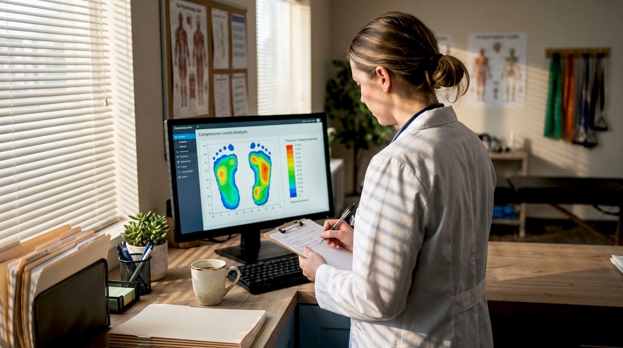 Technician reviewing shapewear compression data
