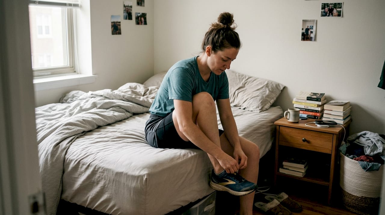 Woman lacing sneakers in sculpting shorts