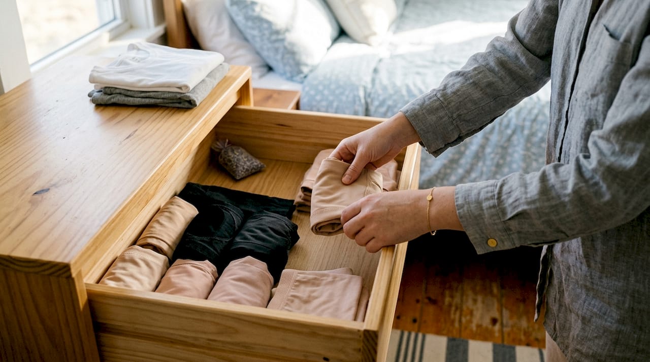 Organizing clean shapewear in dresser drawer