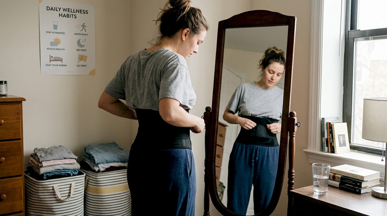 Woman adjusting waist trainer in bedroom mirror