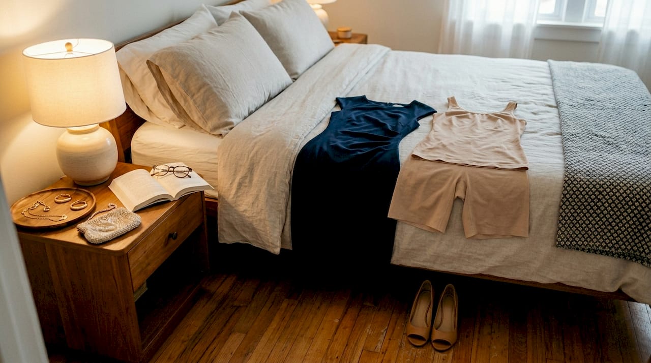 Outfit with shapewear and dress on bed