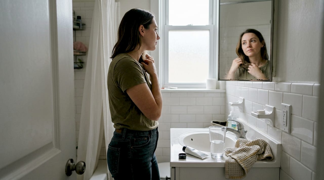 Woman adjusting shapewear in home bathroom