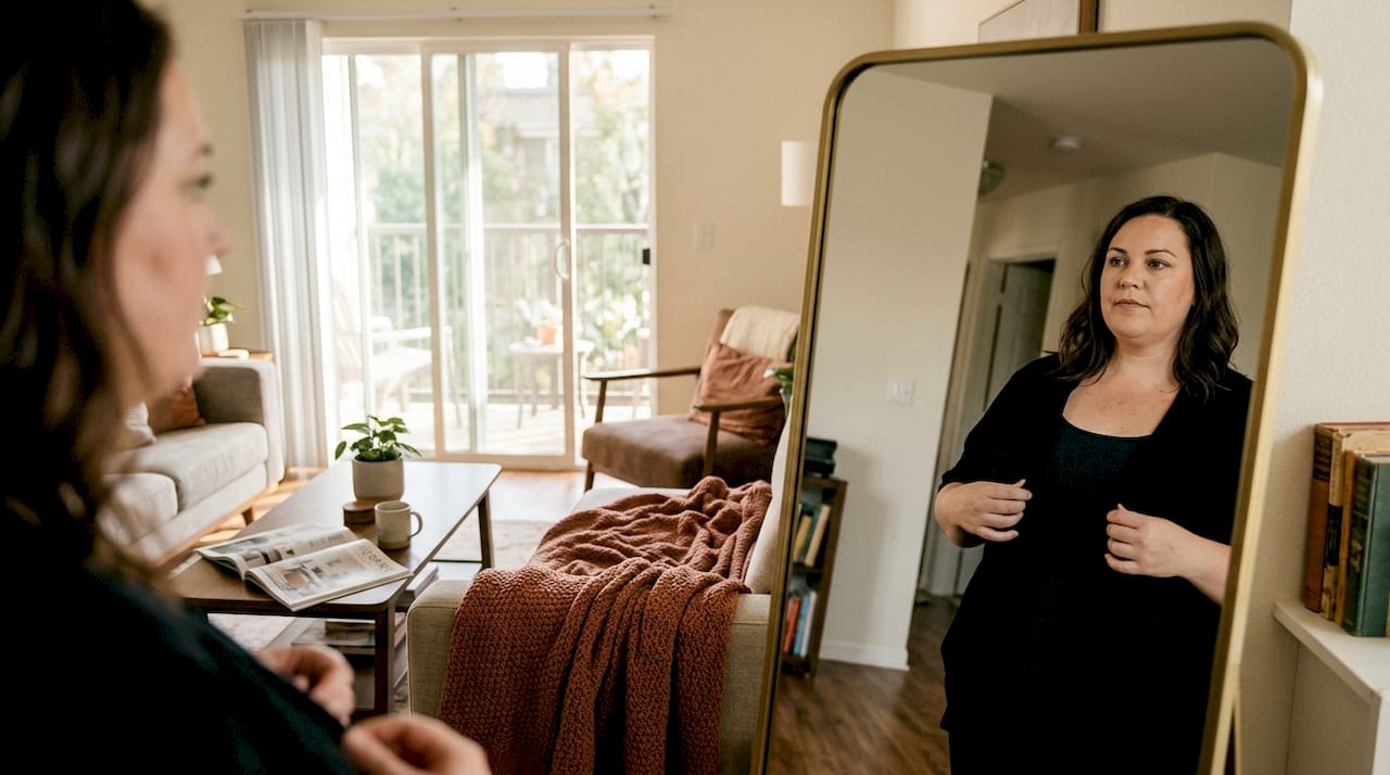 Woman adjusting bodysuit for perfect fit