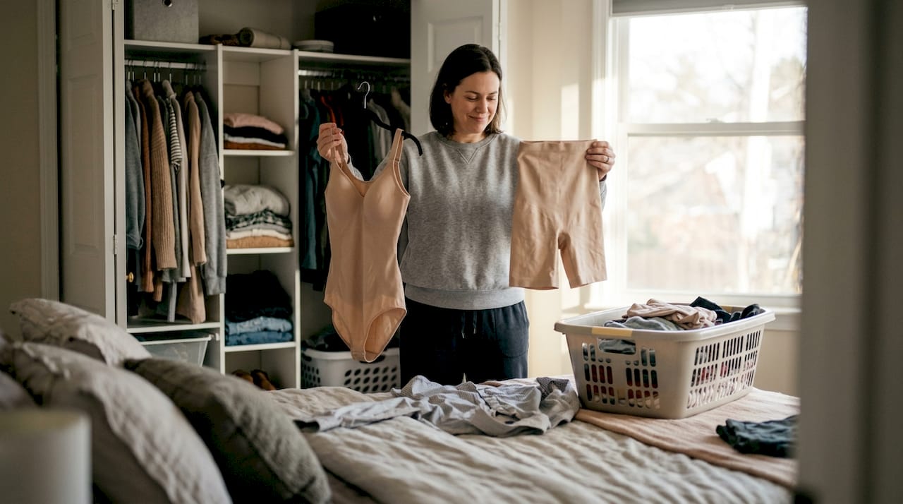 Person comparing shapewear garments in bedroom