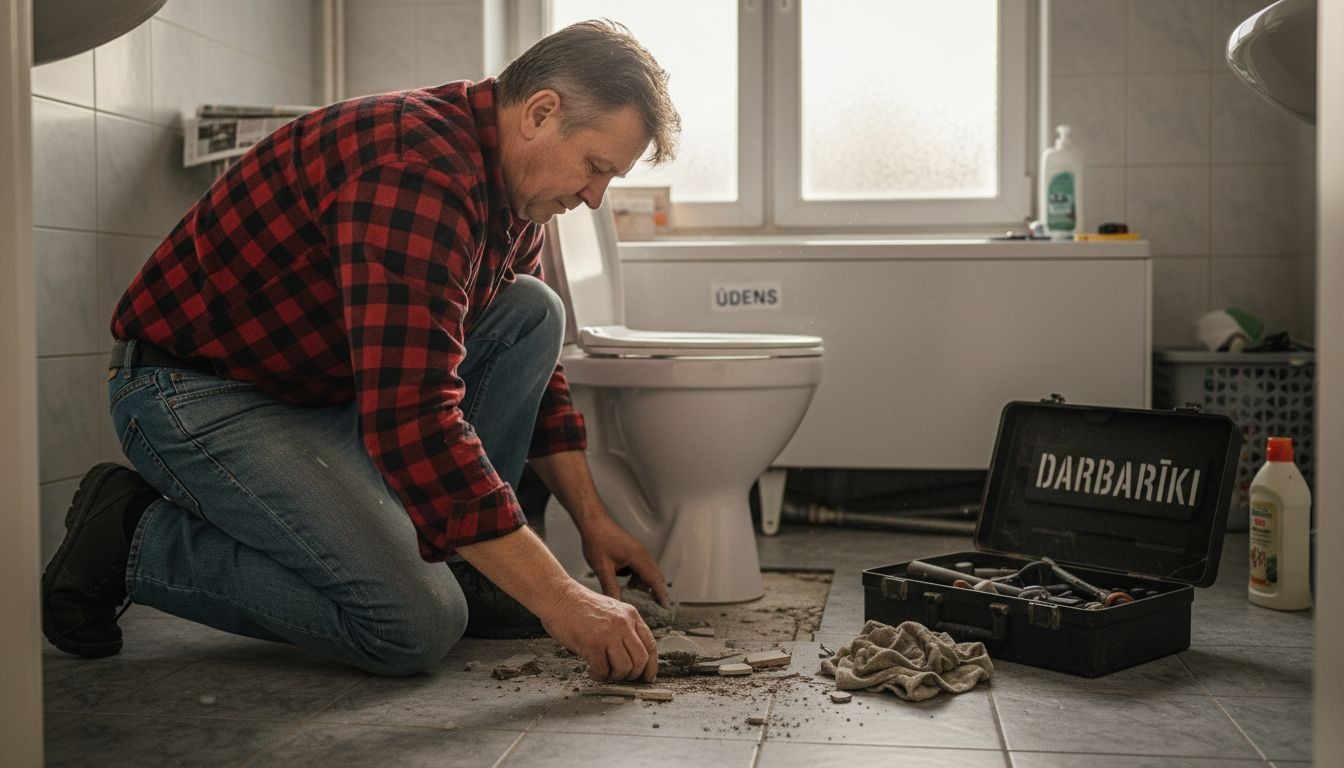 Vīrietis sagatavo vannasistabu jaunās vannas uzstādīšanai.