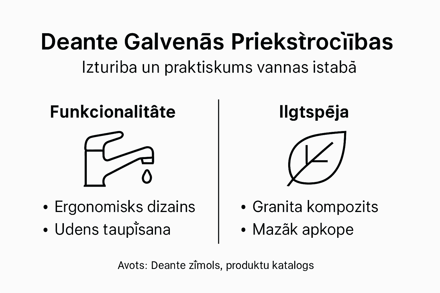 Pārskatāms infografiks ar galvenajām Deante produktu priekšrocībām un īpašībām