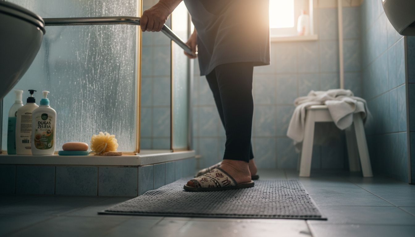Gados vecāka sieviete vannasistabā izmanto drošības rokturi, lai vieglāk pārvietotos un justos droši.