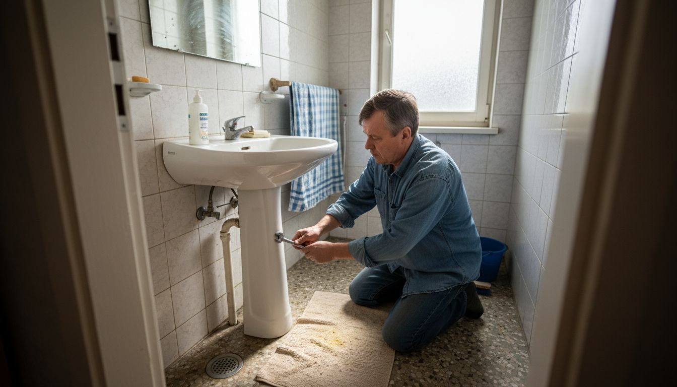 Vīrietis rosās mājīgā vannasistabā, labo cauruli zem izlietnes.