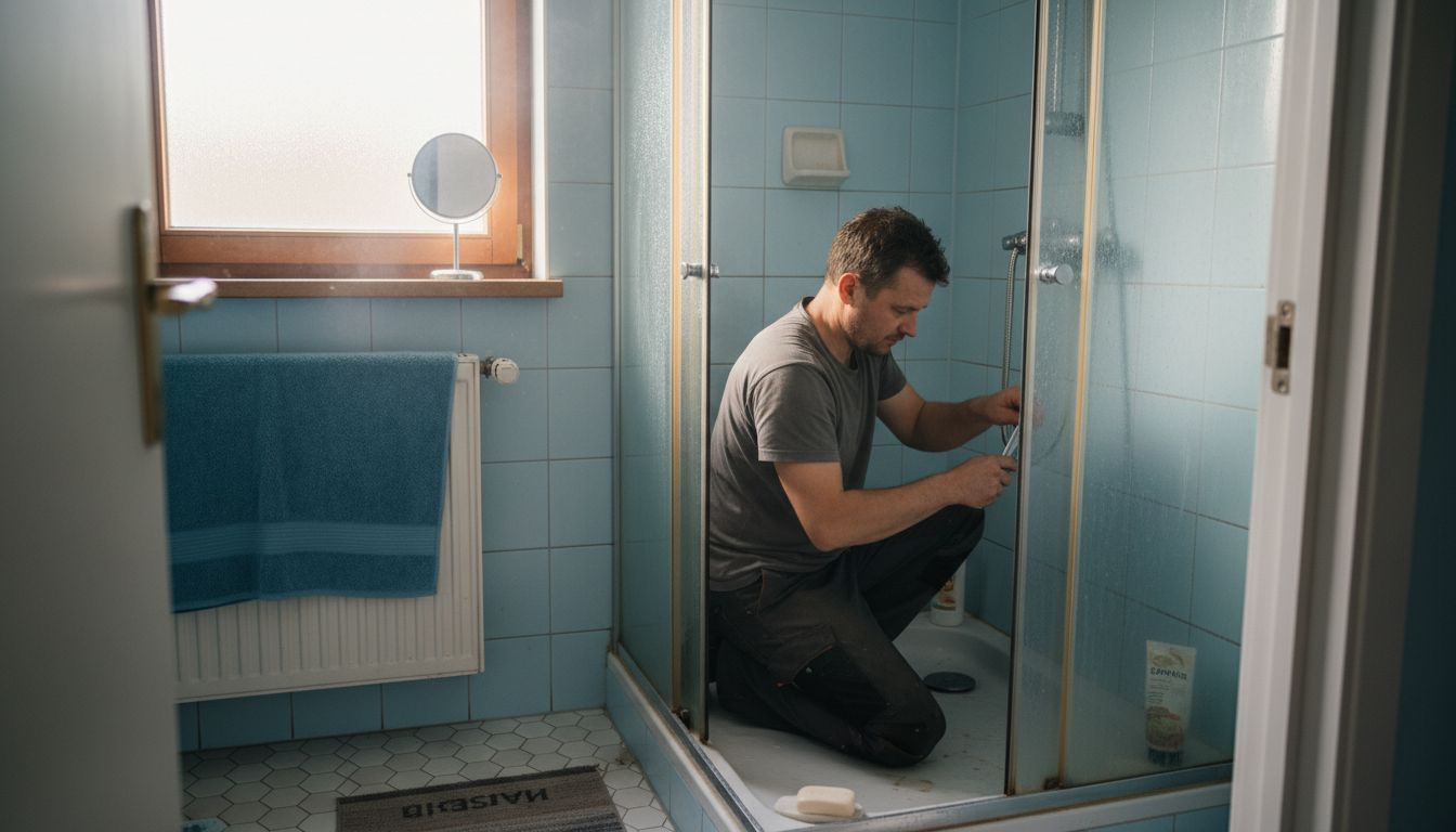 Mazā vannasistabā darbojos ar duškabīnes montāžu – vietas maz, bet kaut kā viss jāsaliek kopā!