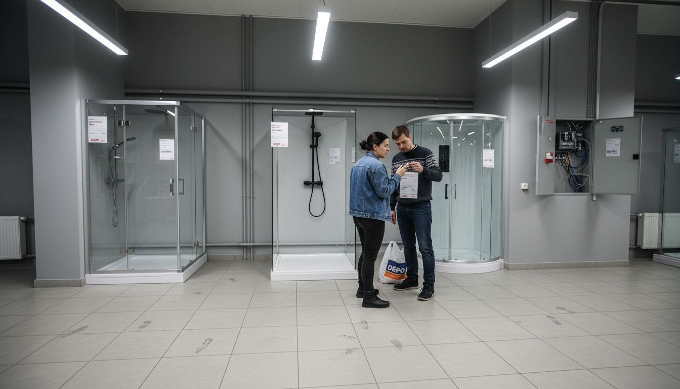 Pircēji salonā rūpīgi aplūko un salīdzina duškabīņu izmērus, lai izvēlētos sev piemērotāko variantu.