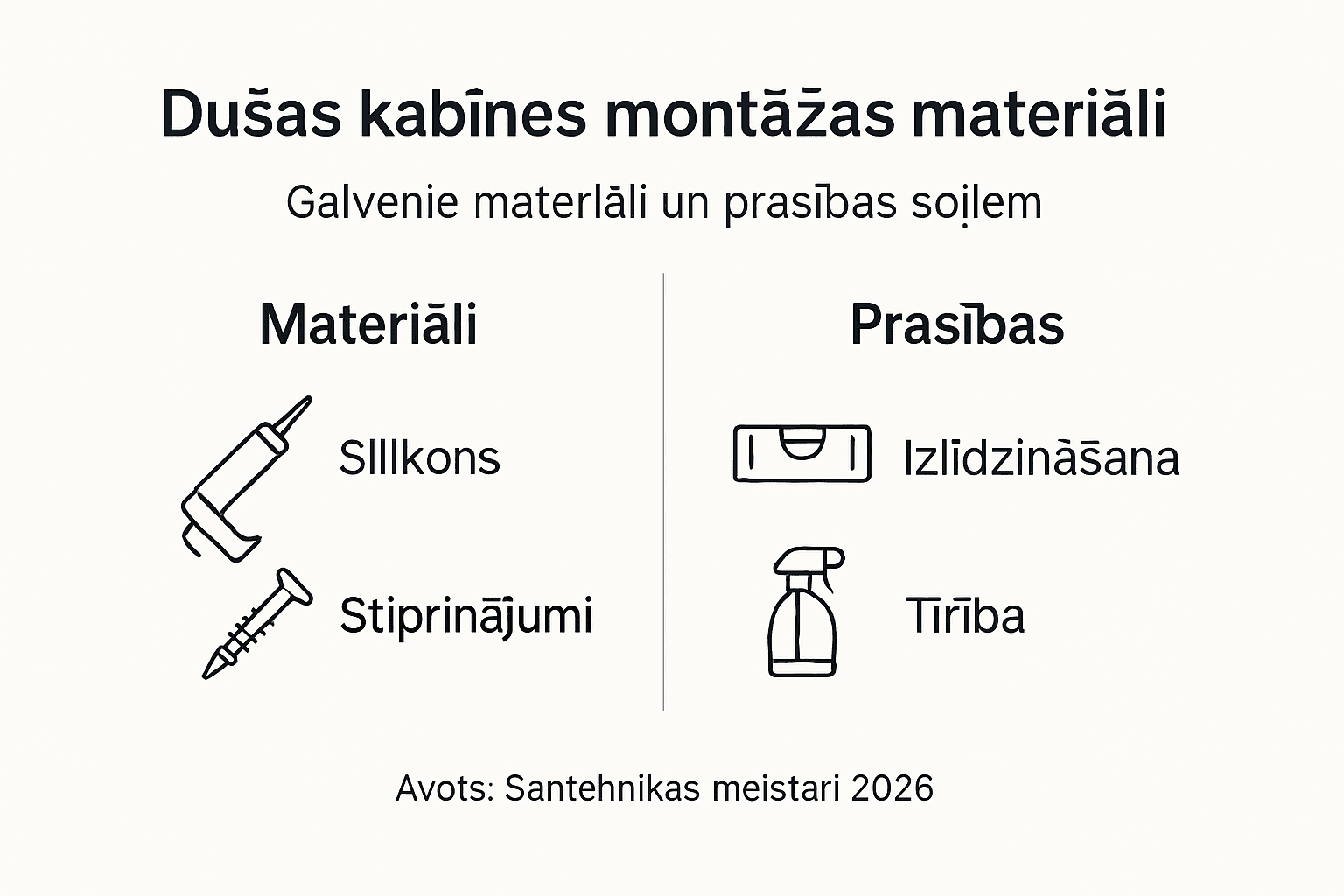 Pārskatāma infografika par svarīgākajiem materiāliem, kas nepieciešami dušas uzstādīšanai