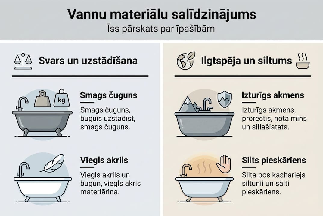 Pārskatāma infografika par dažādu vannu materiālu plusiem un mīnusiem