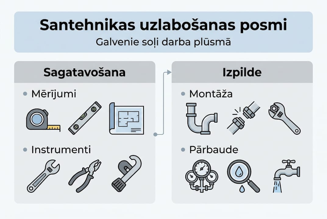 Santehnikas darbu galveno posmu infografika