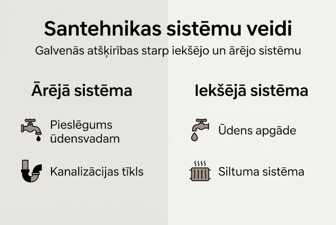 Infografika, kurā salīdzinātas mājas iekšējās un ārējās santehnikas sistēmas
