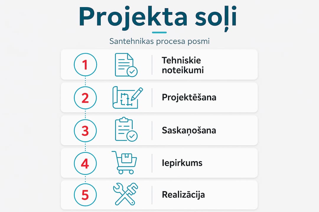 Vizuāls ceļvedis santehnikas projekta izstrādes soļiem