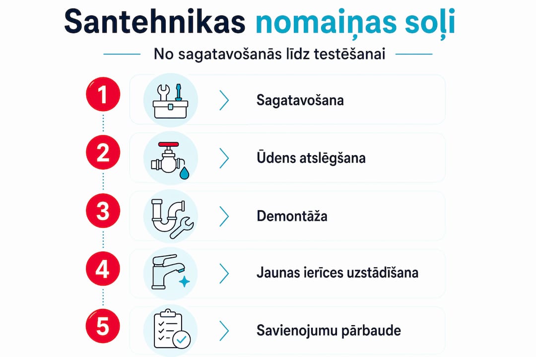 Soli pa solim attēlots ūdensvada maiņas process