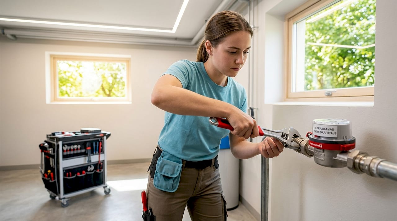 Sieviete uzstāda modernu ultraskaņas ūdens skaitītāju savā mājoklī