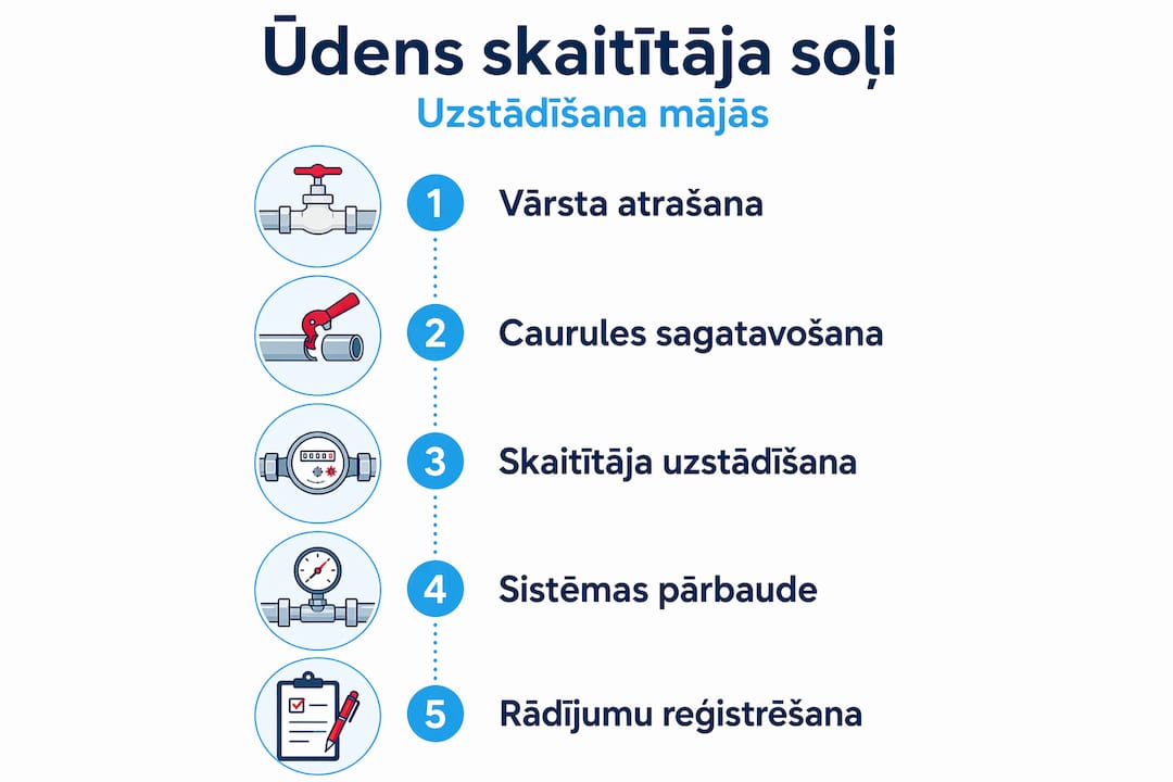 Infografika: soli pa solim, kā uzstādīt ūdens skaitītāju