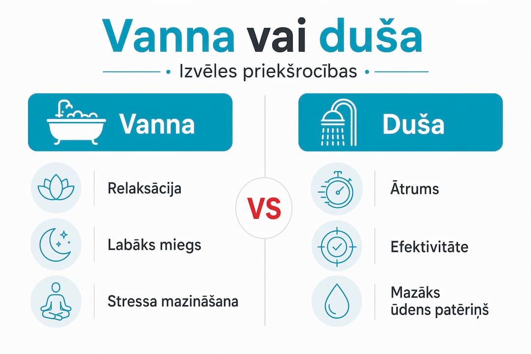 Infografikā salīdzinātas vannas un dušas priekšrocības