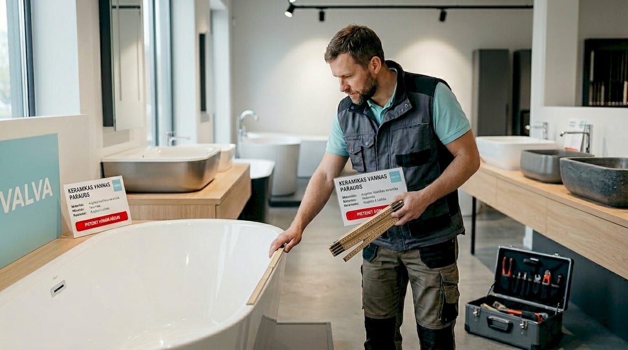 Būvnieks apskata dažādu vannu materiālu piedāvājumu salonā, vērtējot, kurš risinājums būtu vispiemērotākais konkrētam projektam.
