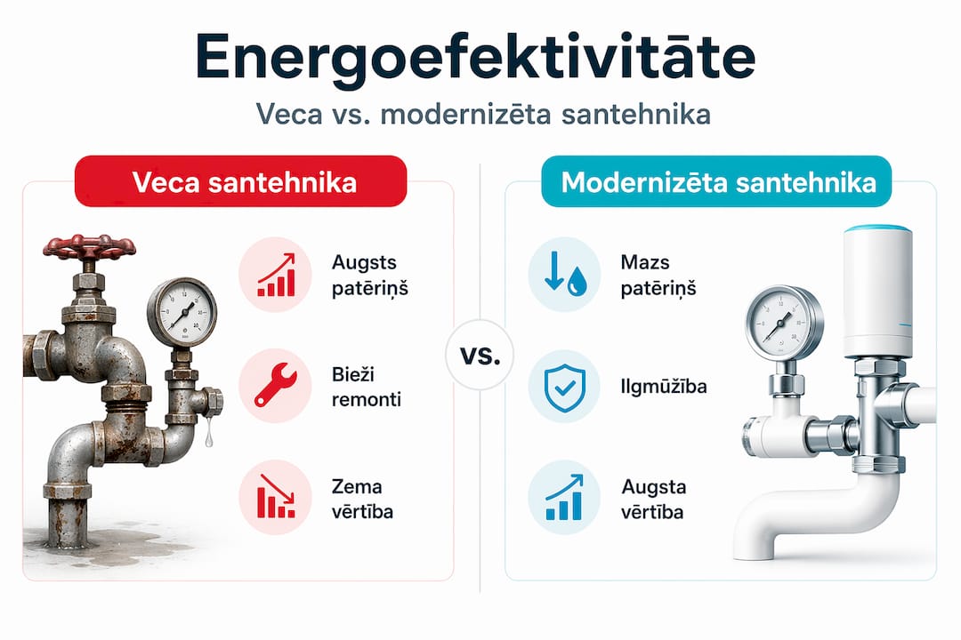 Infografika: veco un mūsdienu santehnikas risinājumu efektivitātes salīdzinājums