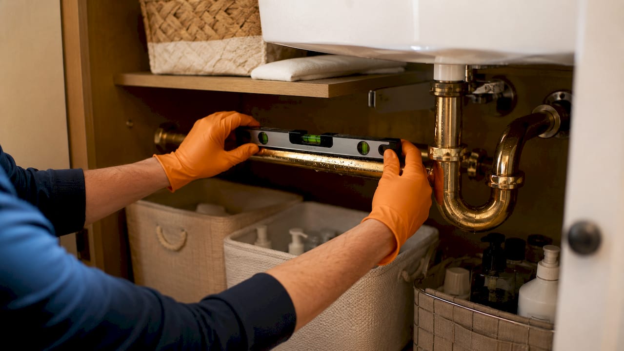 Plumber adjusting drainage pipe slope under sink