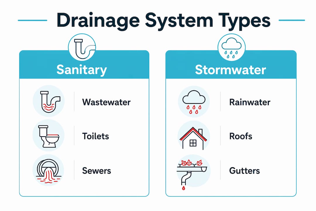 Infographic comparing sanitary and stormwater drainage types