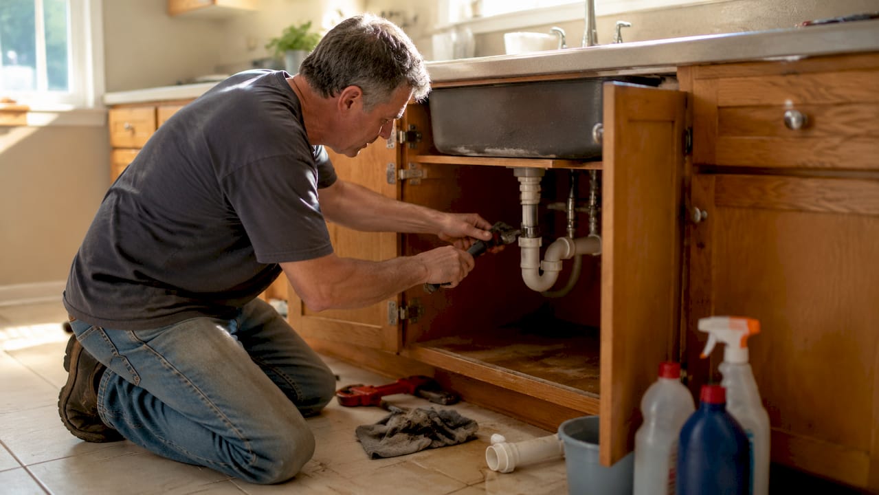 Homeowner removing kitchen sink P-trap to clear clog