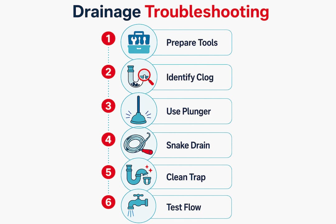 Infographic illustrating drainage troubleshooting steps