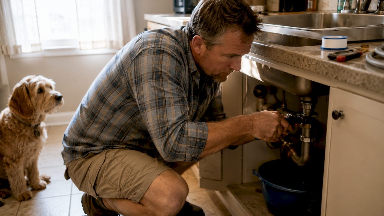 Plumber repairing kitchen sink pipes