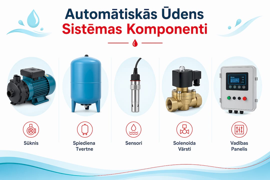 Infografika: galvenās automātisko ūdensapgādes sistēmu sastāvdaļas