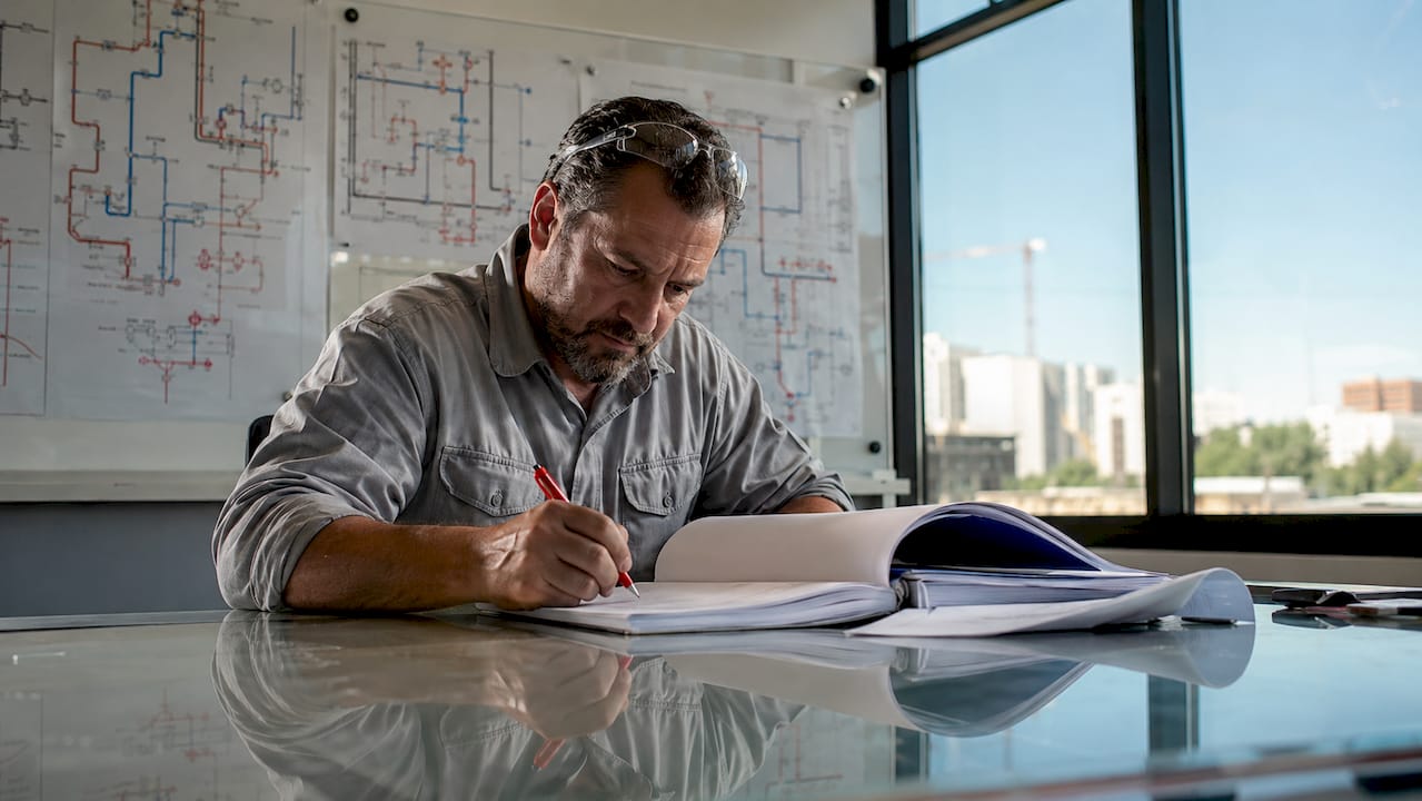 Plumber reviewing plumbing regulations at desk
